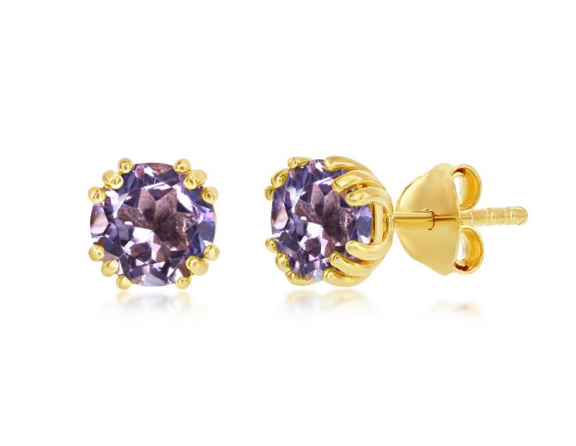 SS GOLD-TONE SWAROVSKI AMETHYST STUD EARRINGS