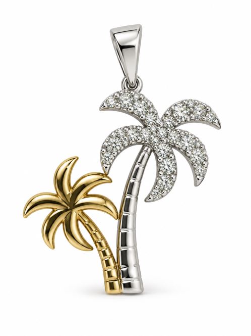 14K TWO-TONE .28CTTW DIAMOND PALM TREE PENDANT