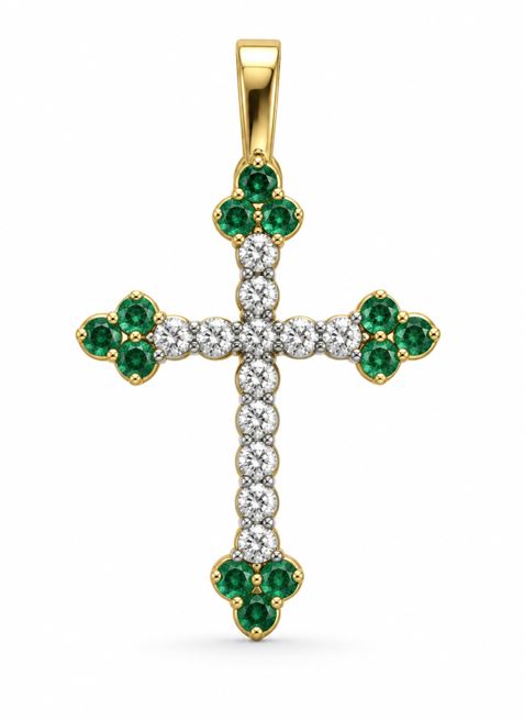 14KY .34CTTW DIAMOND .37CTTW EMERALD CROSS PENDANT