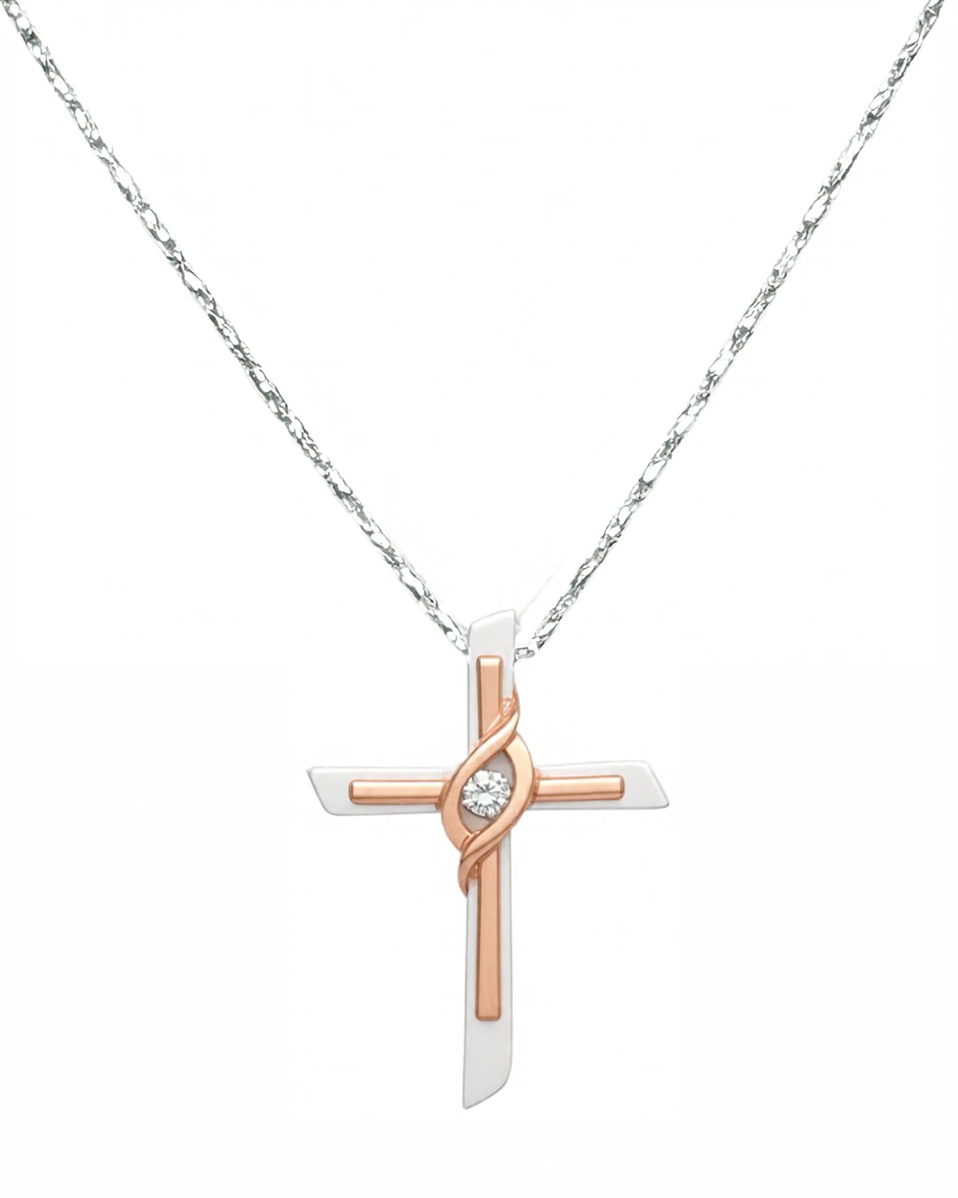 10K TT WHITE/ROSE GOLD DIAMOND ACCENT CROSS PENDANT WITH DIAMOND CUT SNAIL LINK CHAIN
