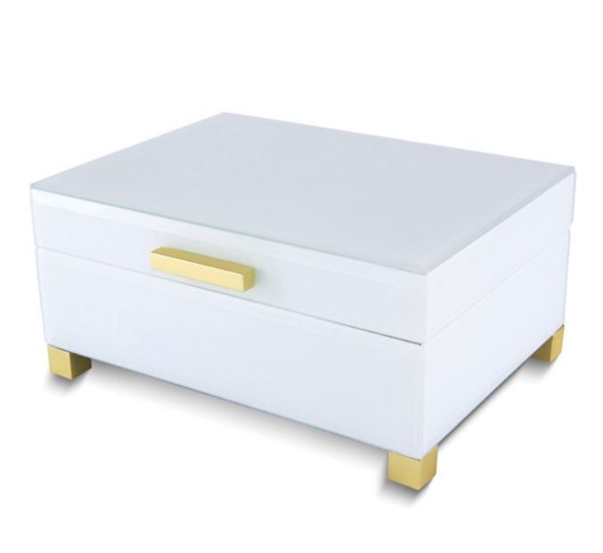 WHITE GLASS TOP WOOD JEWELRY BOX