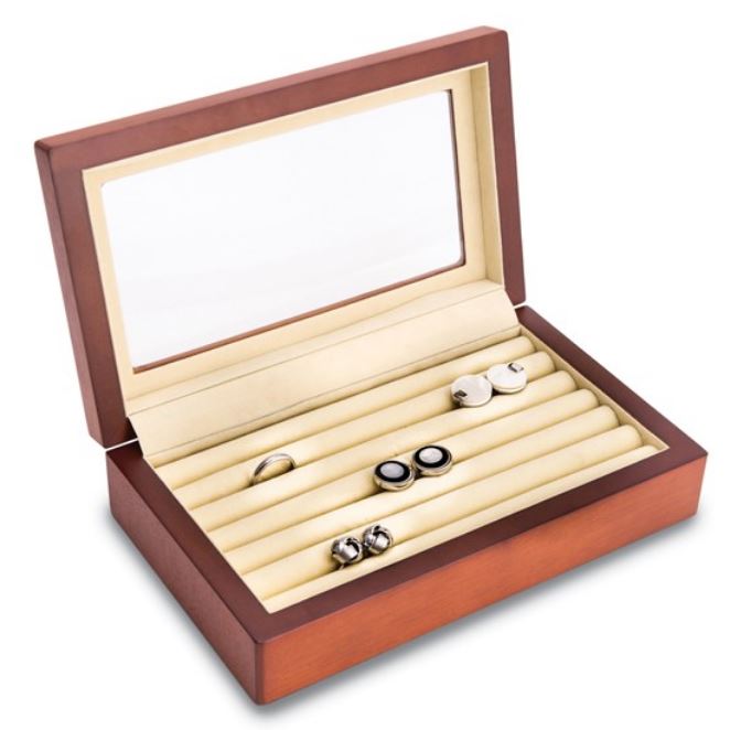 CHERRY FINISH VELOUR LINED GLASS LID JEWELRY BOX
